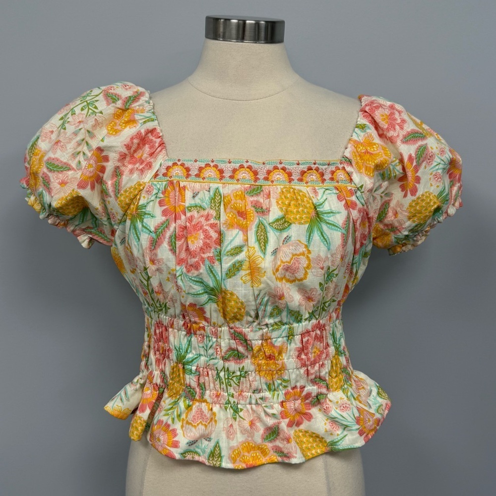 NWOT  Rachel Zoe Puff Sleeve Milkmaid Top Size 8 Pineapple Floral Embroidered